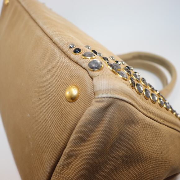 Prada Bijou Rhinestone Canapa Tote Tobacco Studded Canvas w/ Strap + Dust Bag - Picture 7 of 13